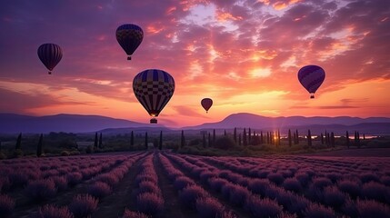 Silhouette of hot air balloons flying over lavender fie