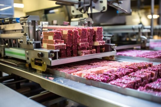 machinery and shaping candy bars in production, created with generative ai