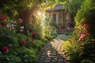 Fototapeta premium sundrenched cobblestone path in a lush garden setting, created with generative ai