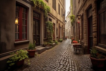 Fototapeta na wymiar cozy european-style alleyway with cobblestone pavement, created with generative ai