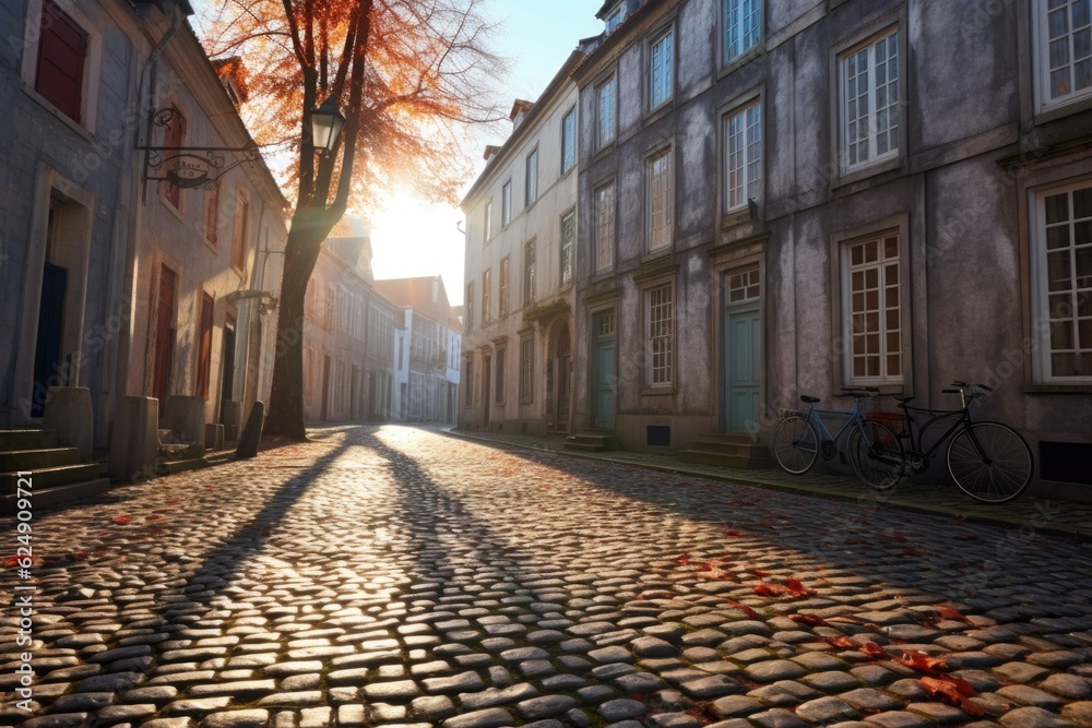 Poster sunlit cobblestone street with bicycle shadows, created with generative ai