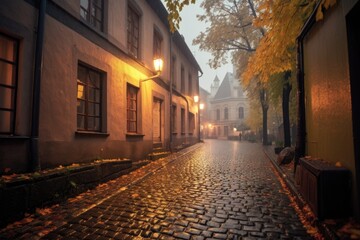 Fototapeta na wymiar rainy day on a glistening cobblestone path, created with generative ai