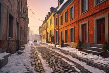 Fototapeta premium snow-covered cobblestone street in a quaint town, created with generative ai