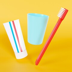 歯ブラシと歯磨き粉とコップ。歯科衛生や歯医者のイメージ画像。3Dレンダリング。