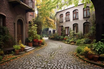 Fototapeta na wymiar curved cobblestone street leading to a hidden garden, created with generative ai