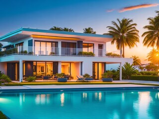 Obraz na płótnie Canvas Modern cozy house with pool and parking for sale or rent in luxurious style by the sea or ocean. Sunset evening by the azure coast with palm trees. Generative AI