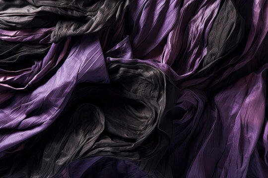 Generative Ai illustration of crumpled dense purple and black fabrics placed on surface in daylight