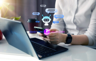 Virtual assistant and CRM software automation technology. Customer using online service with chat bot to get support. Chat bot conversation concept.	
