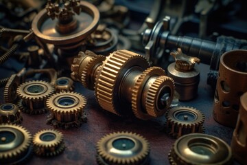 close-up of vintage microscope lenses and gears, created with generative ai