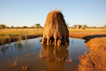 termite mound near a water source, created with generative ai