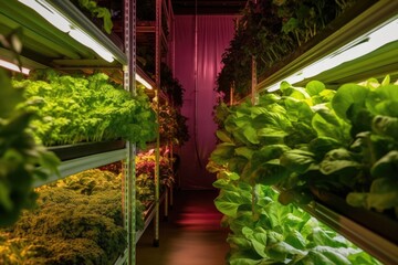 led lights illuminating rows of leafy greens, created with generative ai