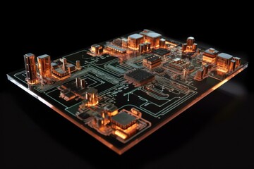 circuit board design contrasted on black reflective surface, created with generative ai