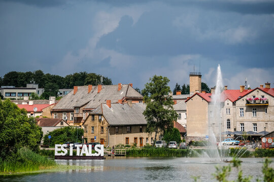 Talsi, Latvia - July 14, 2023: Town of Talsi, Latvia. Oldtown buildings exterior in summer