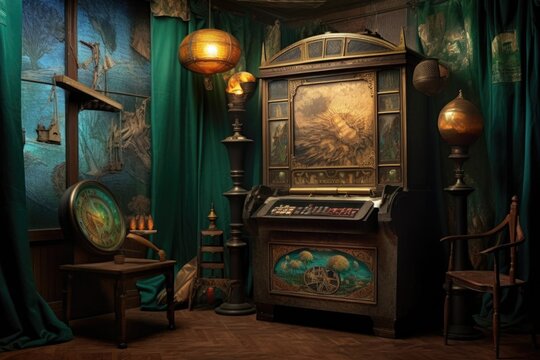 classic mechanical fortune teller machine with mystical backdrop, created with generative ai