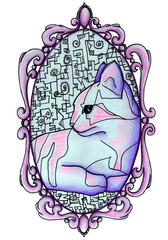 Cat drawing. Hand drawn portrait of a Cat. Colorful design. Pencil color + colored pen.	