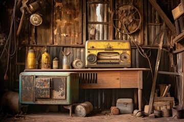 Fototapeta na wymiar old radio in rustic barn setting, created with generative ai