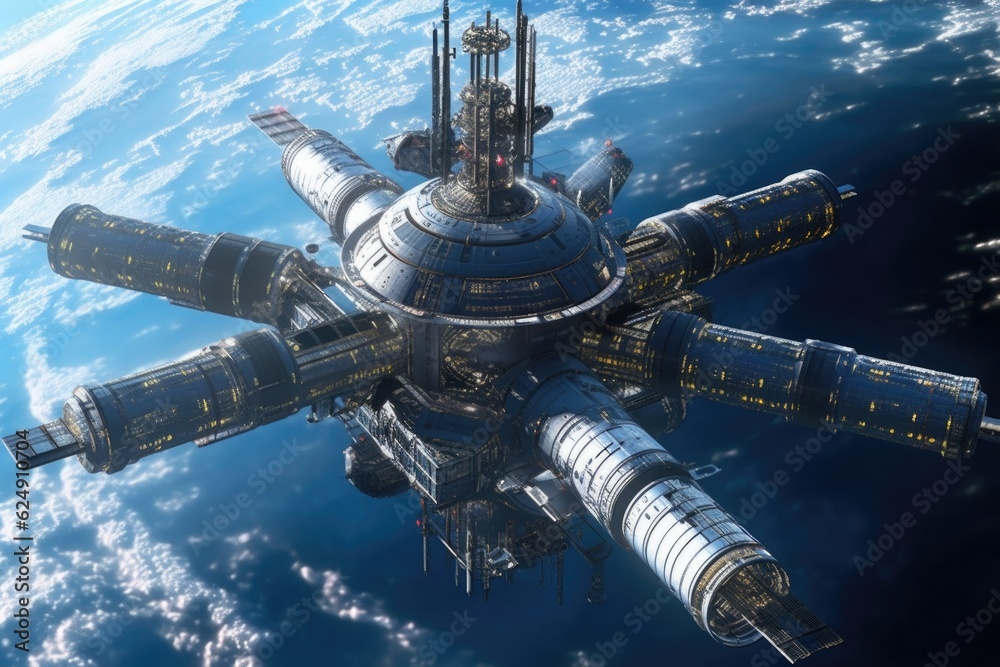 Wall mural a high-tech space station orbiting earth, created with generative ai