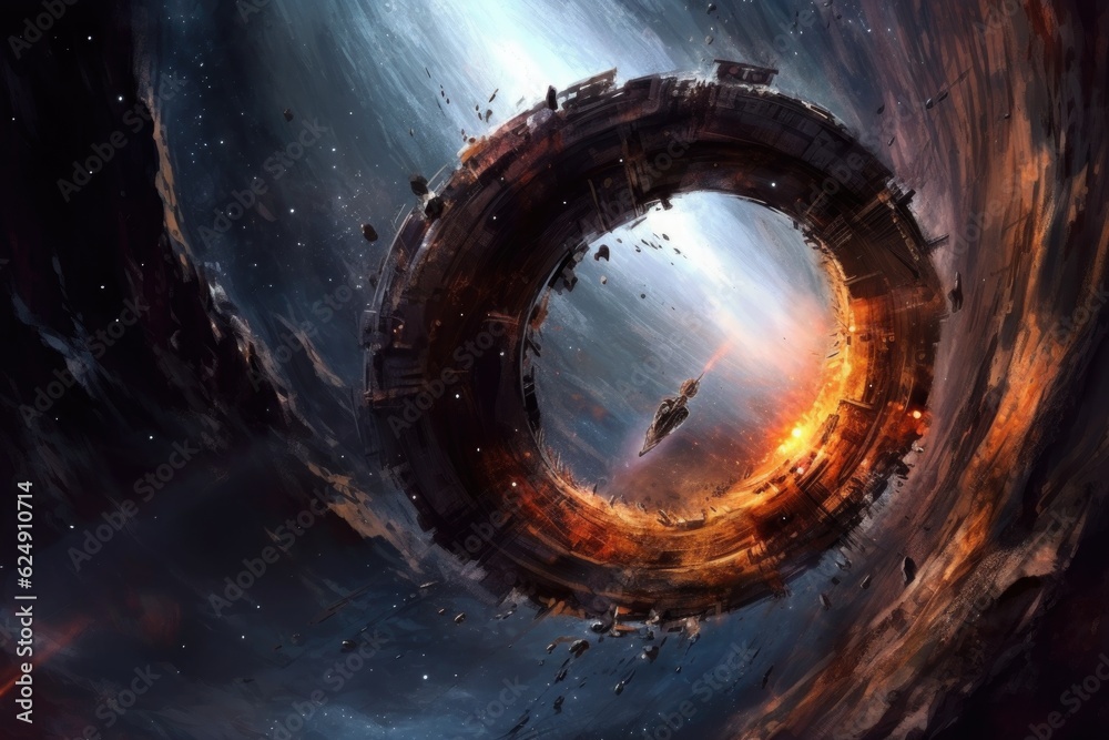 Sticker spacecraft approaching a distant galaxy or wormhole, created with generative ai