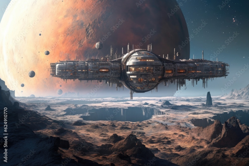 Poster abandoned space station orbiting a distant planet, created with generative ai