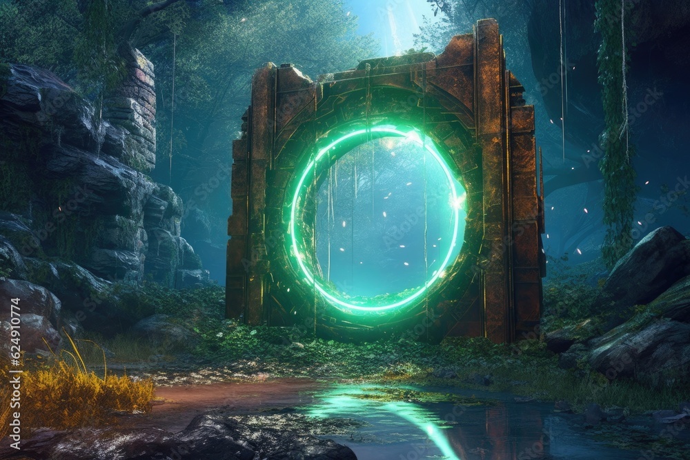 Sticker time-travel portal glowing in a mysterious location, created with generative ai