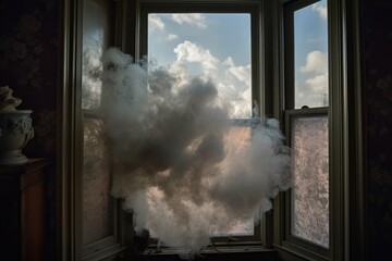 smoke signals seen through a window frame, created with generative ai