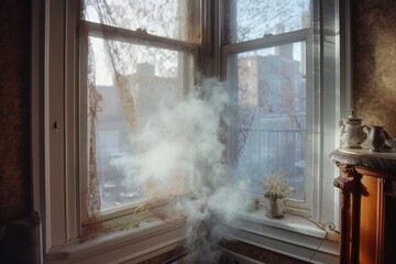 steamy window with smoke swirls in a cold day, created with generative ai