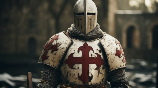 Photo of a templar knight wearing a suit of armor up close .generative ai