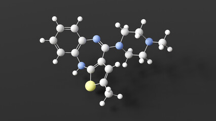 olanzapine molecule, molecular structure, atypical antipsychotics, ball and stick 3d model, structural chemical formula with colored atoms