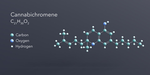 cannabichromene molecule 3d rendering, flat molecular structure with chemical formula and atoms color coding