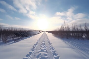 snowy solar farm before clearing process, created with generative ai