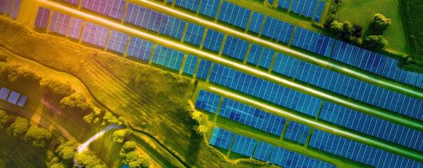 Solar panels plant, aerial view - rows of photovoltaic cell collectors on a landscape. Green energy concept. Generative AI