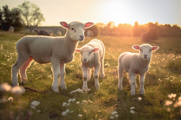 Obraz premium Three young lamb sheep on spring meadow looking curious into camera, nice warm afternoon sunlight haze. Generative AI