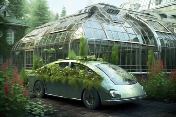 eco-friendly car with built-in greenhouse, created with generative ai