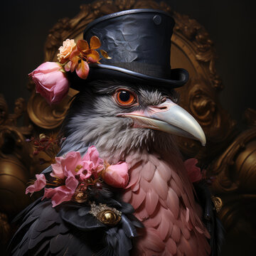 pink bird with a top hat on it, portrait style , neo renaissance, wallpaper background image, painting style