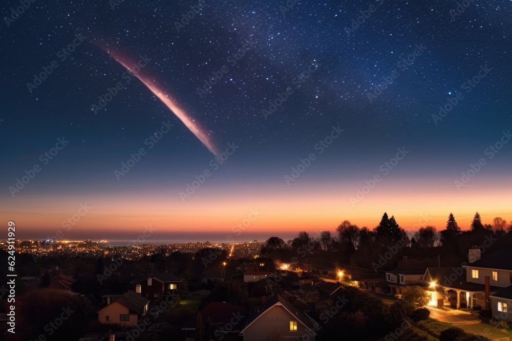 Canvas Prints time-lapse of comet passing earth with cityscape silhouette, created with generative ai