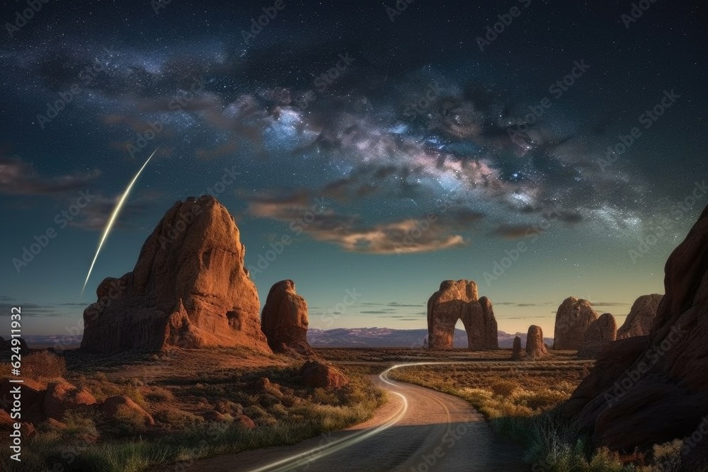 Sticker comets path arching above famous landmarks at night, created with generative ai