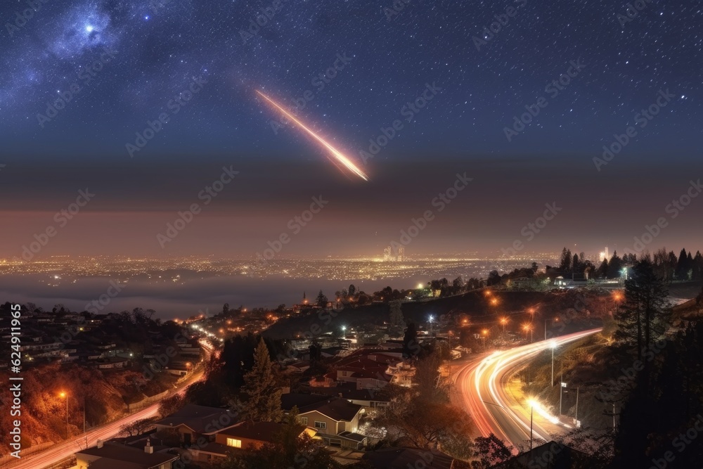 Wall mural time-lapse of comet passing earth with cityscape, created with generative ai