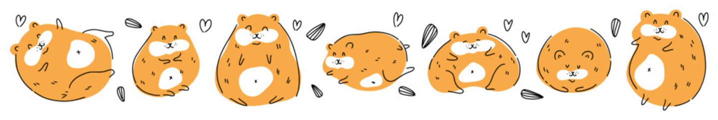 Vector collection of funny hamsters in different poses, hand-drawn in doodle style.