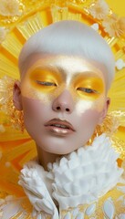 Photo of a woman with white hair and yellow makeup .generative ai