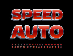 Vector industrial banner Speed Auto. 3D red an Metal Font. Modern Alphabet Letters and Numbers set