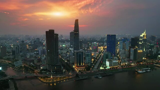 Aerial view of Ho chi minh city at twilight in Vietnam.