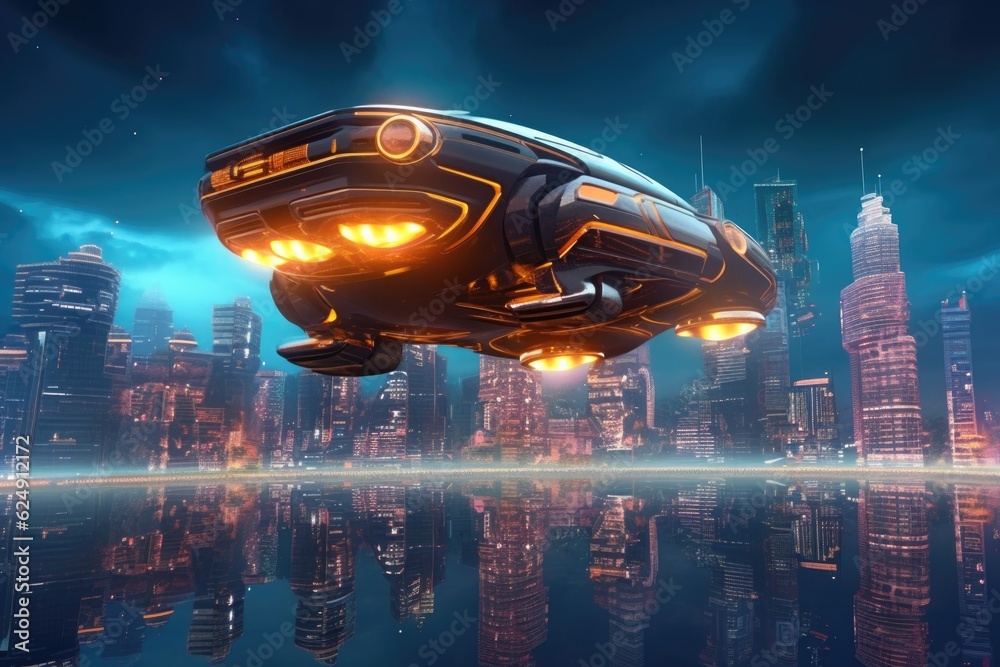 Wall mural hover car concept floating above a cityscape with illuminated skyscrapers, created with generative a