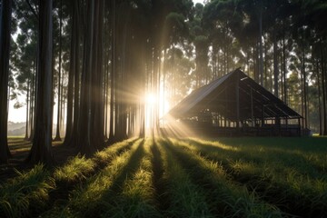 morning sunlight filtering through plantation, created with generative ai