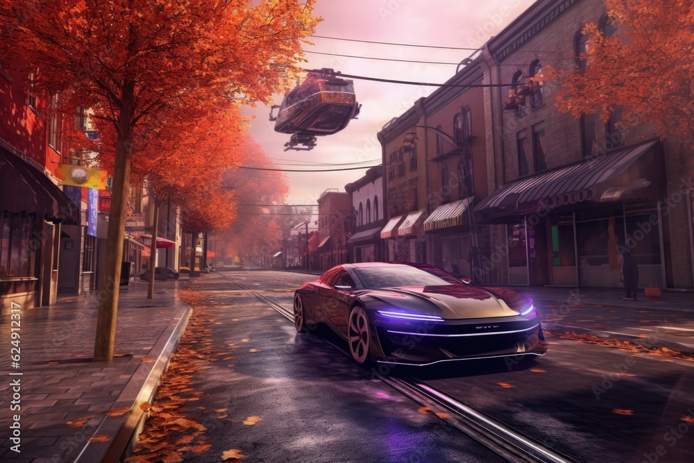 Wall mural autonomous vehicle navigating through urban environment, created with generative ai