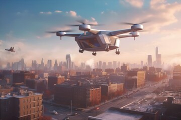 drone delivering package in residential area, created with generative ai
