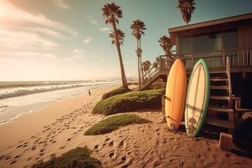 Secret Beach Concept Image. End of summer, Surfing, Tranquil, Silence. Fictional person and place. Made with Generative AI