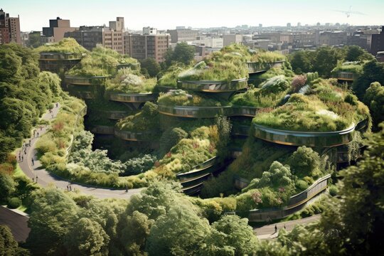green rooftop gardens on city buildings for sustainability, created with generative ai