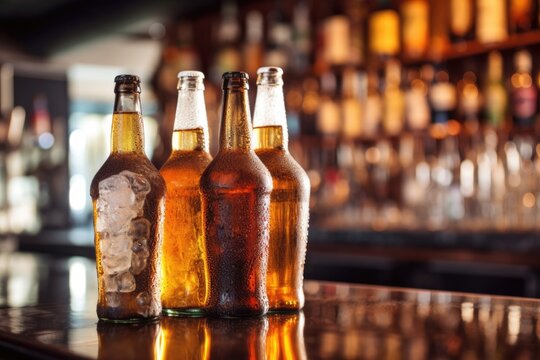 beer bottles in ice with blurred bar background, created with generative ai