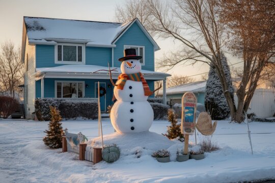 snowman with a welcome sign in a front yard, created with generative ai
