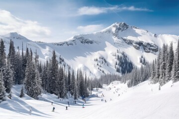 Fototapeta na wymiar snowy mountain range, with skiers and snowboarders enjoying the winter weather, created with generative ai